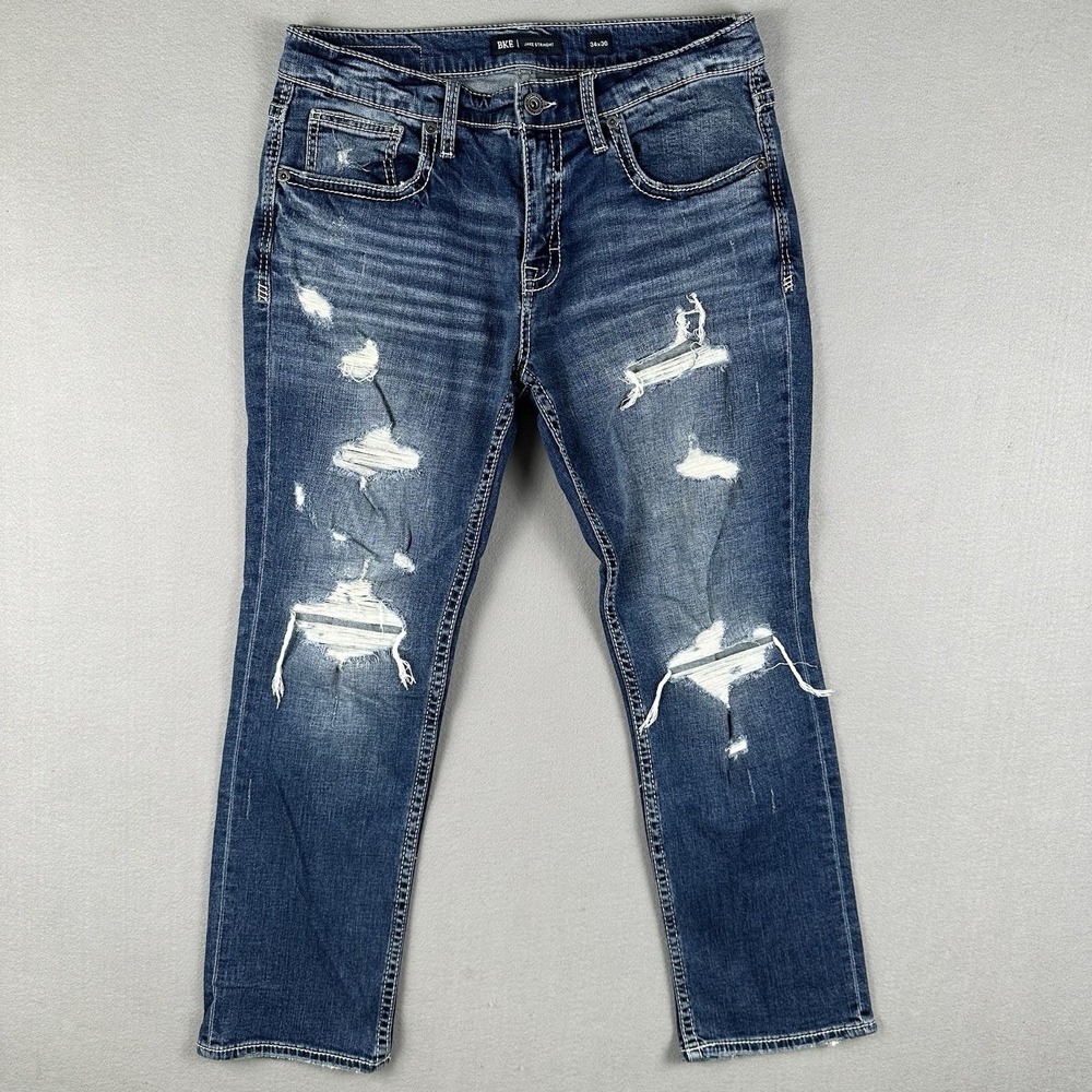 BKE Jake Straight Jeans Men's 34x30 Blue Denim Stretch Mid Rise Distressed